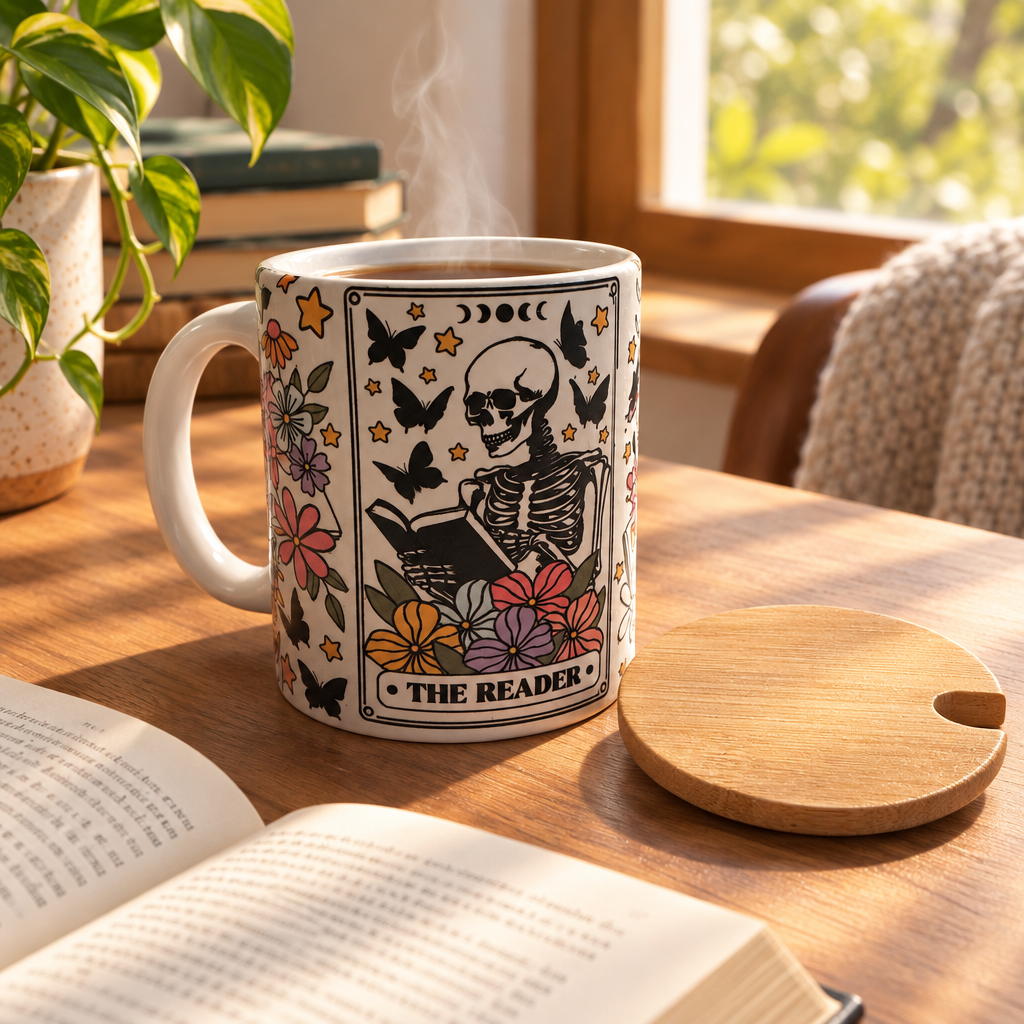 The Reader Skeleton Floral Ceramic Mug with Bamboo Lid and Spoon The Bargains Basement