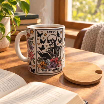 The Reader Skeleton Floral Ceramic Mug with Bamboo Lid and Spoon The Bargains Basement