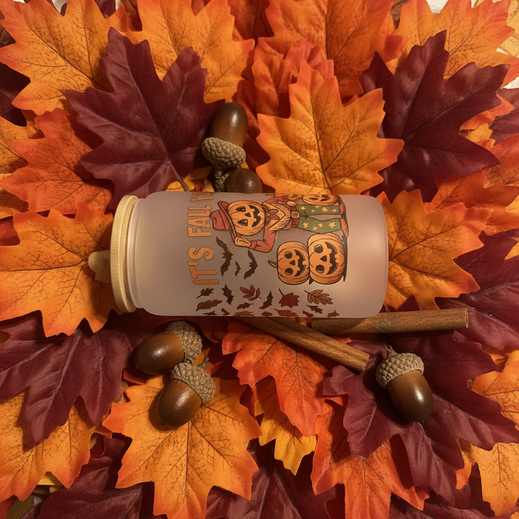 It's Fall Y'all Frosted Glass Can Tumbler – Handmade Halloween Fall Drinkware The Bargains Basement