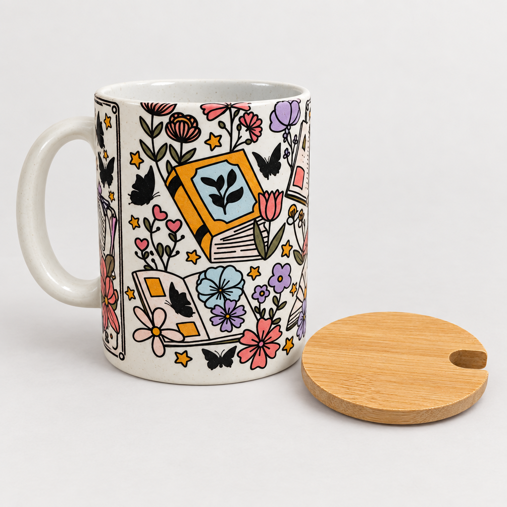 The Reader Skeleton Floral Ceramic Mug with Bamboo Lid and Spoon The Bargains Basement