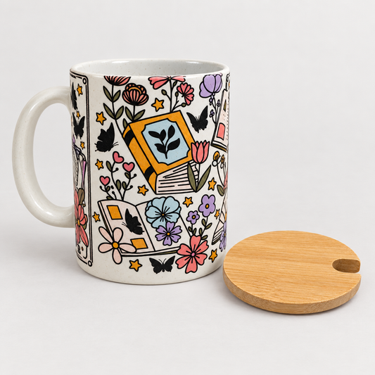 The Reader Skeleton Floral Ceramic Mug with Bamboo Lid and Spoon The Bargains Basement