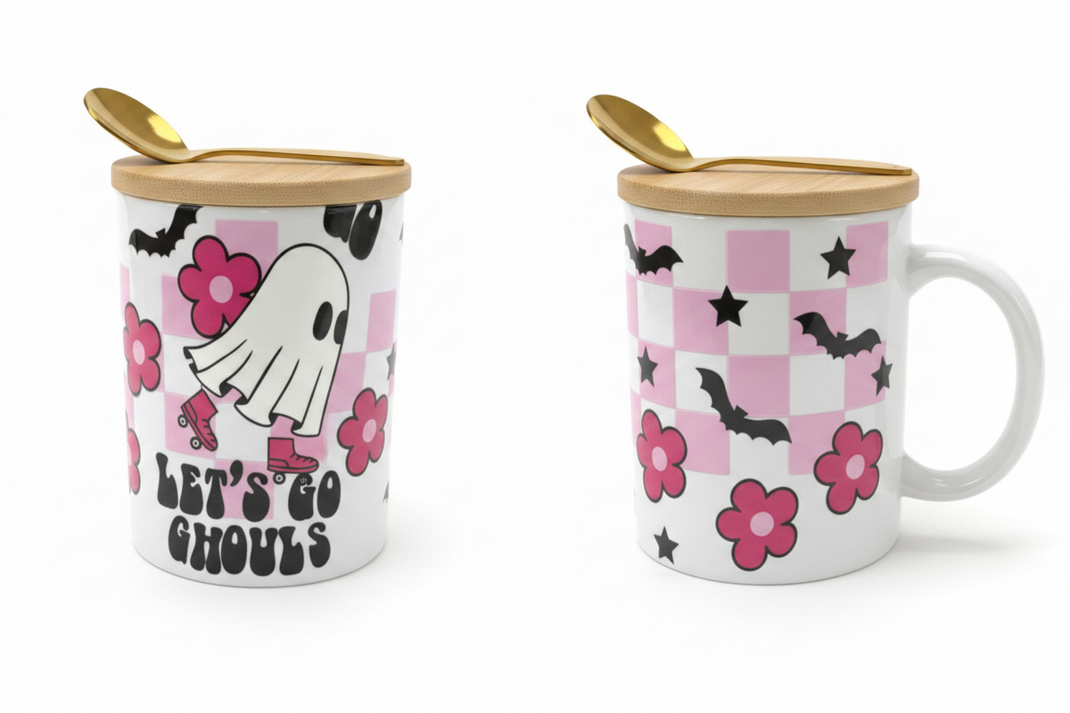 Let's Go Ghouls Halloween Ceramic Mug with Bamboo Lid & Gold Spoon The Bargains Basement
