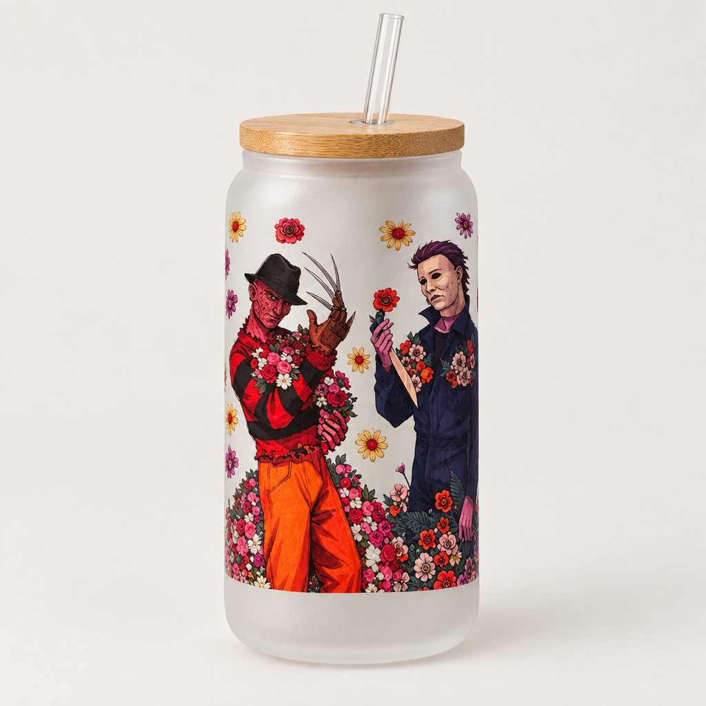 Floral Horror Villains Frosted Glass Tumbler with Bamboo Lid and Straw The Bargains Basement