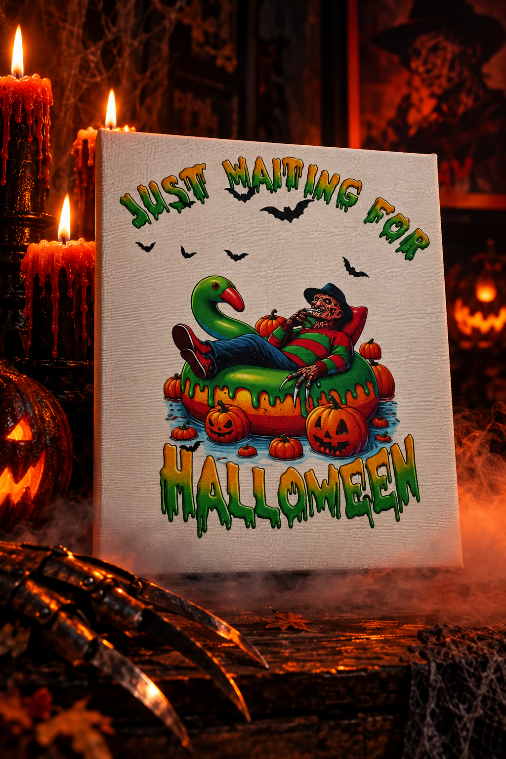 Just Waiting for Halloween | 11x9 Canvas Sign – Funny Horror Halloween Decor The Bargains Basement
