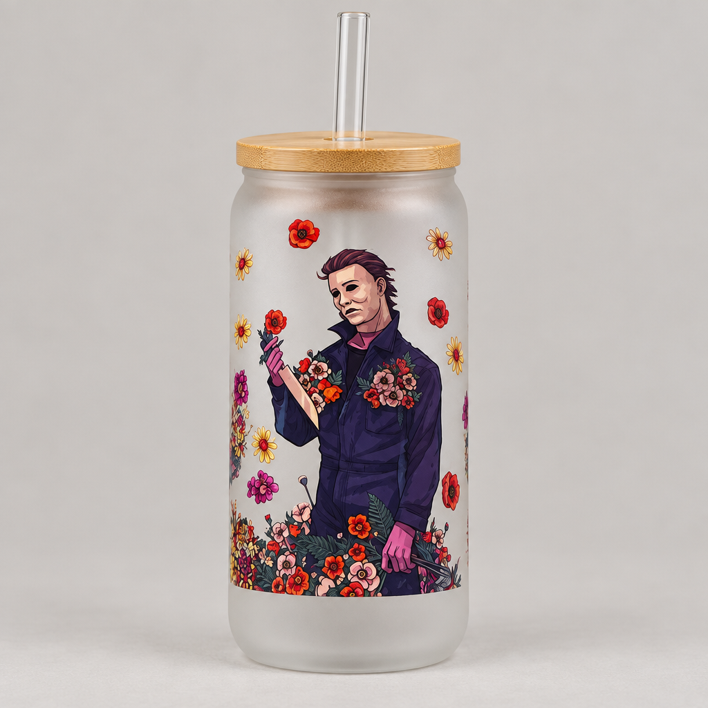 Floral Horror Villains Frosted Glass Tumbler with Bamboo Lid and Straw The Bargains Basement