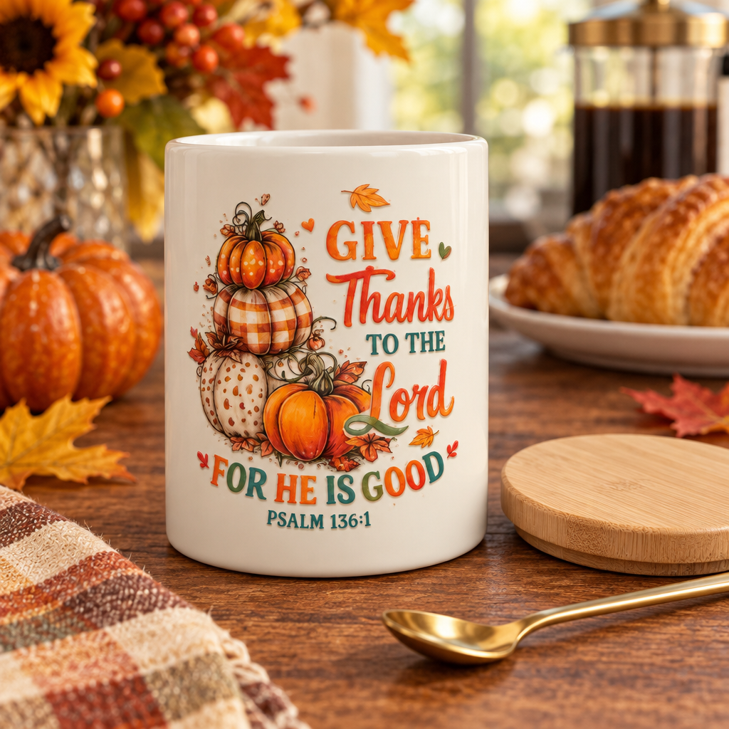 Give Thanks to the Lord Ceramic Mug with Bamboo Lid & Gold Spoon The Bargains Basement