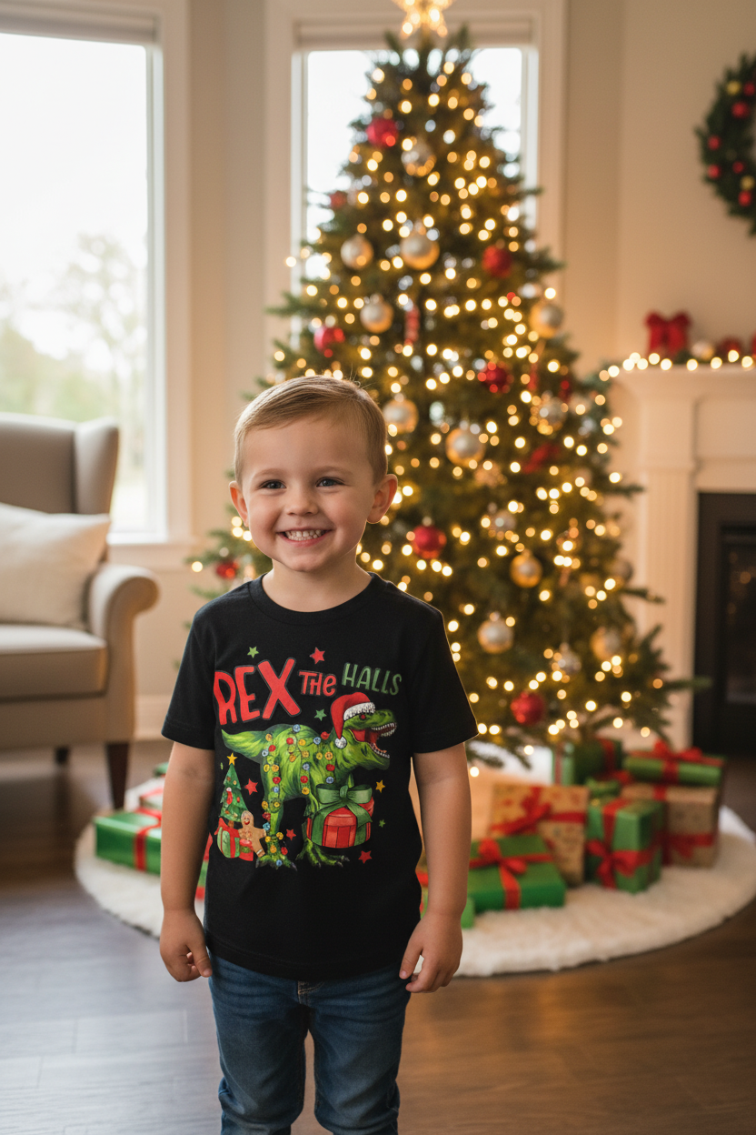 Rex the Halls Youth Christmas T-Shirt | Handmade Kids Holiday Tee The Bargains Basement