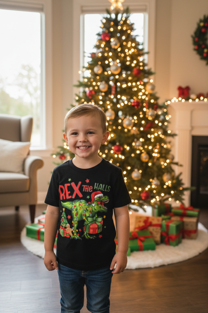 Rex the Halls Youth Christmas T-Shirt | Handmade Kids Holiday Tee The Bargains Basement