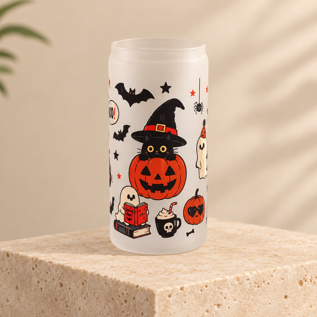 Handmade Halloween Glass Tumbler – Ghosts, Black Cats & Pumpkins The Bargains Basement
