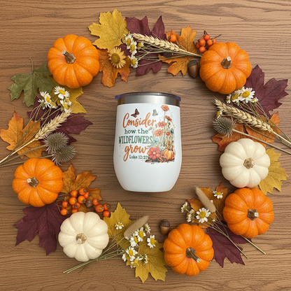 Consider how the Wildflowers Grow – Luke 12:27 Stemless Wine Tumbler – Handmade The Bargains Basement