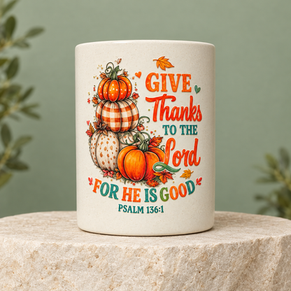 Give Thanks to the Lord Ceramic Mug with Bamboo Lid & Gold Spoon The Bargains Basement