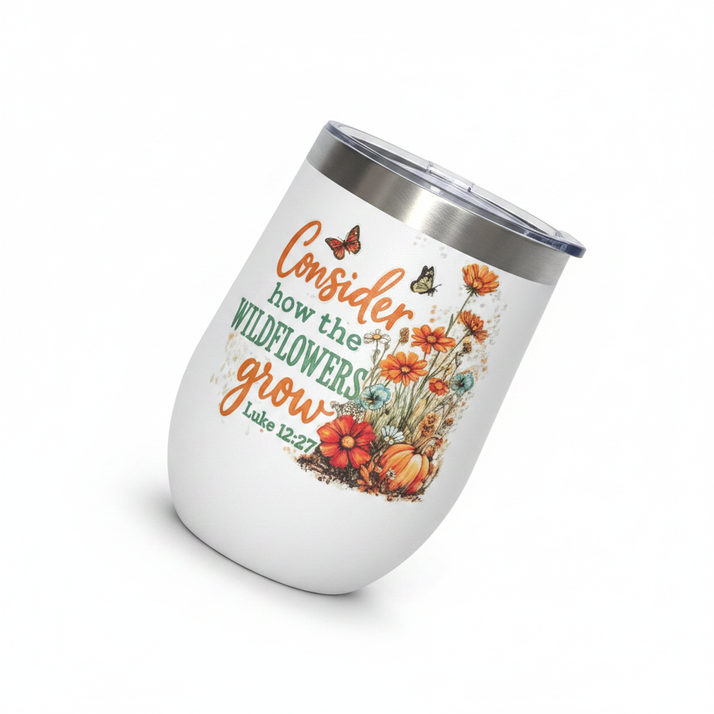 Consider how the Wildflowers Grow – Luke 12:27 Stemless Wine Tumbler – Handmade The Bargains Basement