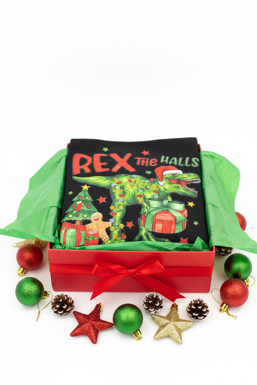 Rex the Halls Youth Christmas T-Shirt | Handmade Kids Holiday Tee The Bargains Basement