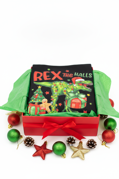 Rex the Halls Youth Christmas T-Shirt | Handmade Kids Holiday Tee The Bargains Basement