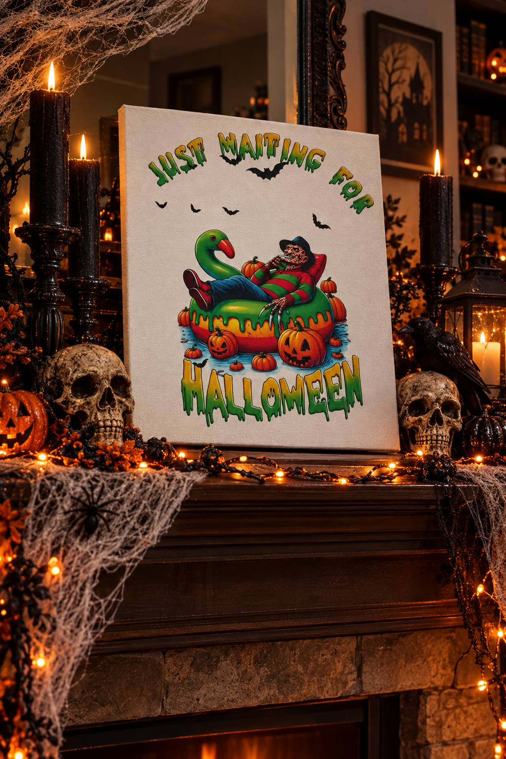 Just Waiting for Halloween | 11x9 Canvas Sign – Funny Horror Halloween Decor The Bargains Basement