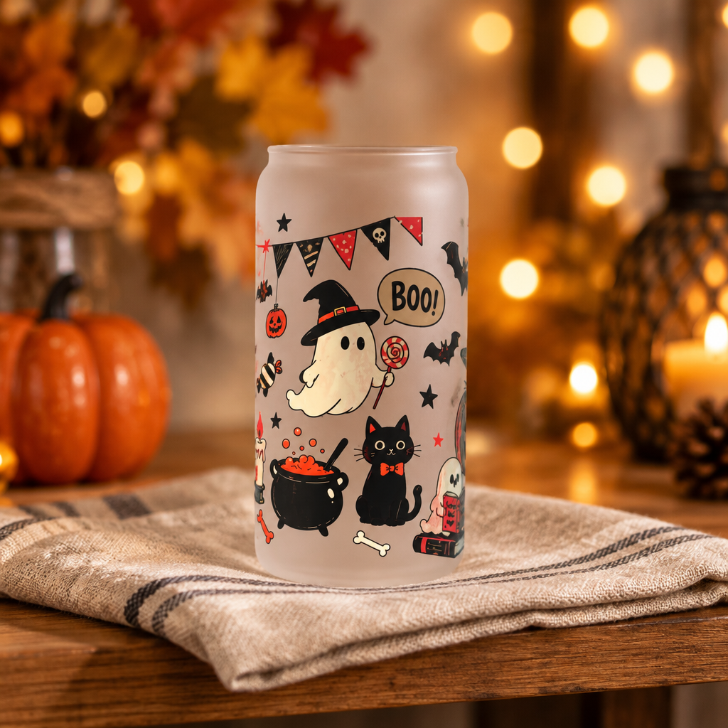 Handmade Halloween Glass Tumbler – Ghosts, Black Cats & Pumpkins The Bargains Basement