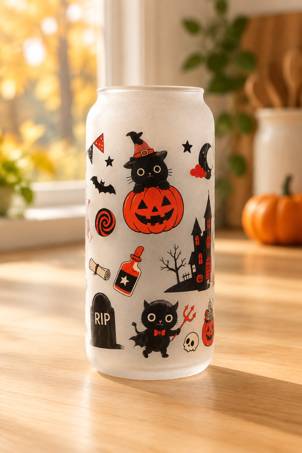 Halloween Cats & Pumpkins Frosted Glass Tumbler The Bargains Basement