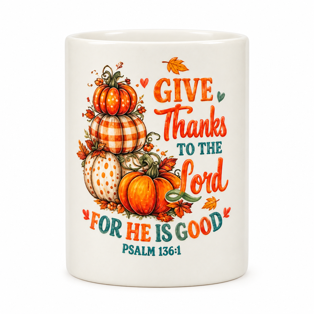 Give Thanks to the Lord Ceramic Mug with Bamboo Lid & Gold Spoon The Bargains Basement