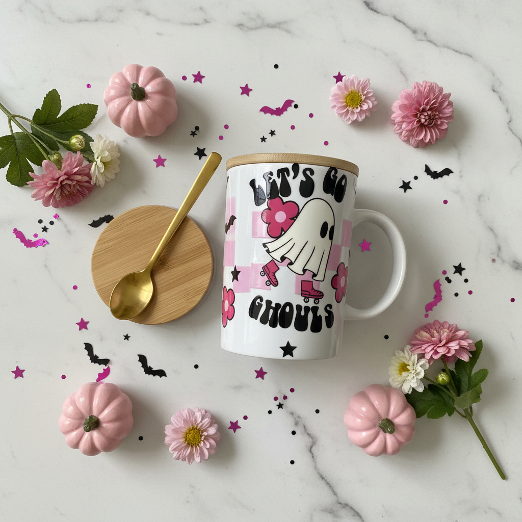 Let's Go Ghouls Halloween Ceramic Mug with Bamboo Lid & Gold Spoon The Bargains Basement