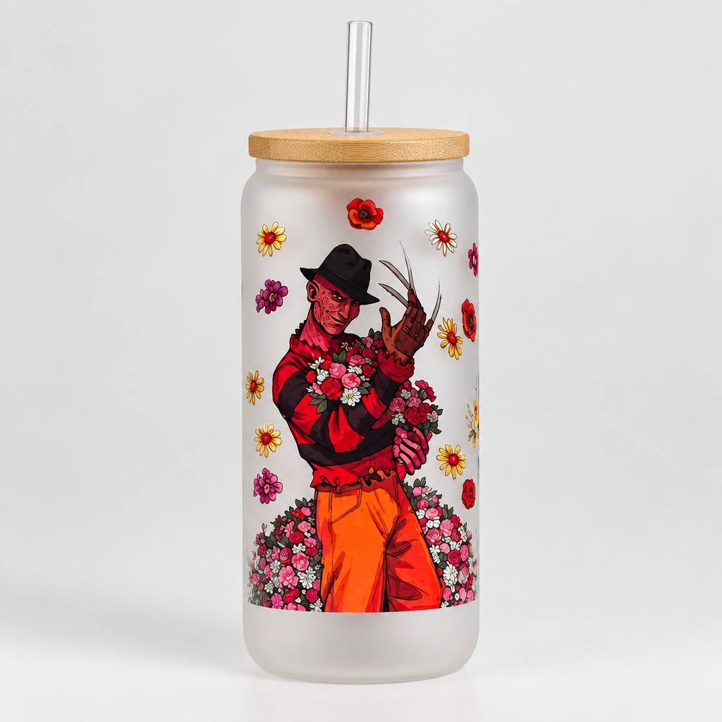 Floral Horror Villains Frosted Glass Tumbler with Bamboo Lid and Straw The Bargains Basement