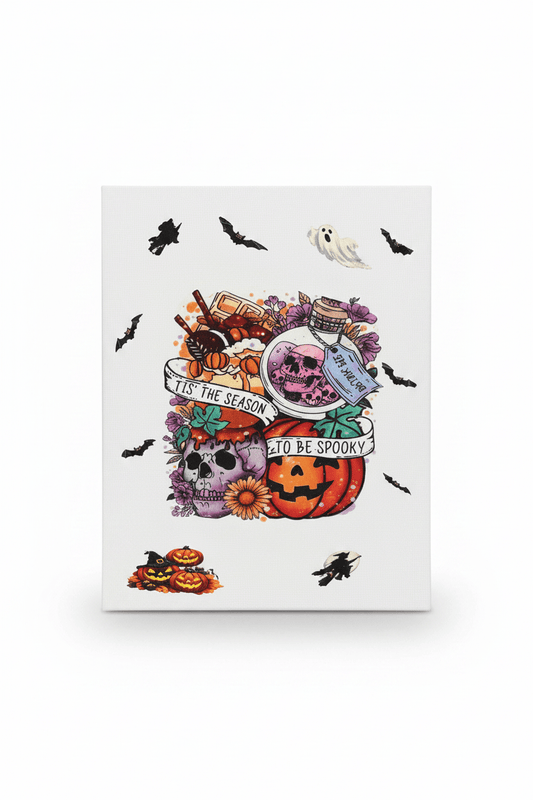 Handmade Halloween canvas sign featuring a spooky collage of skulls, jack-o-lanterns, and bats, perfect for Halloween decor.