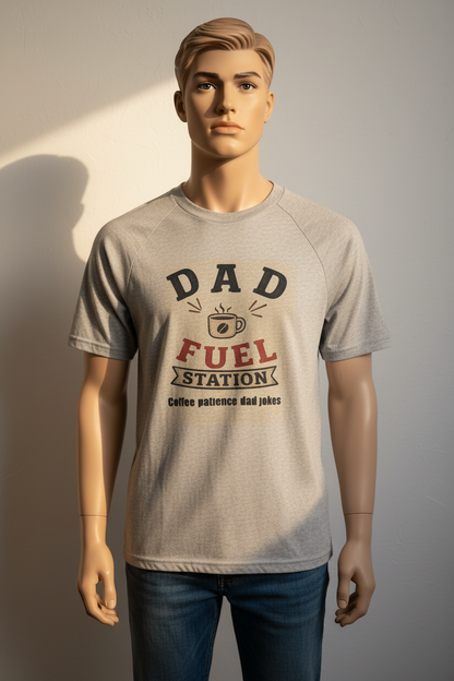 Dad Fuel Station T-Shirt displayed on a mannequin, featuring coffee design and fun slogan.