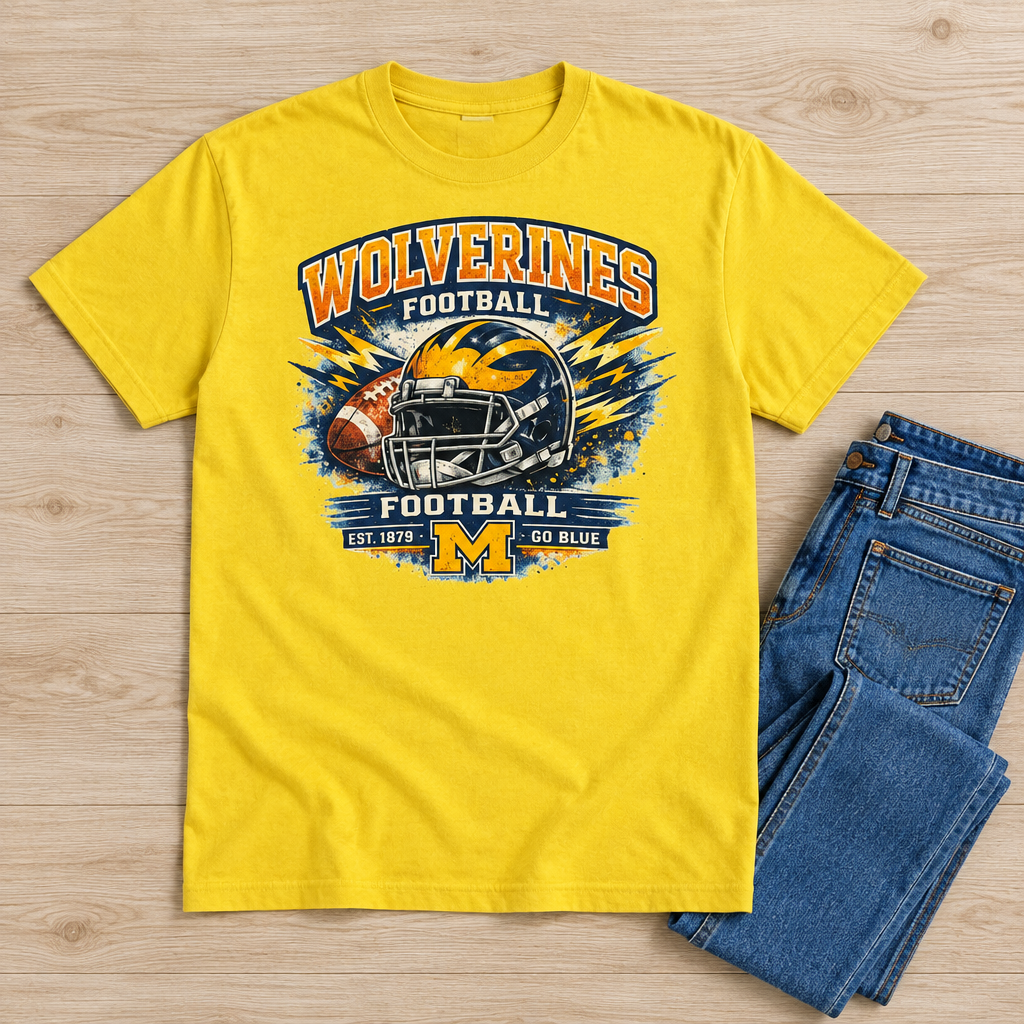 Yellow Wolverines Football Graphic T-Shirt – Large The Bargains Basement
