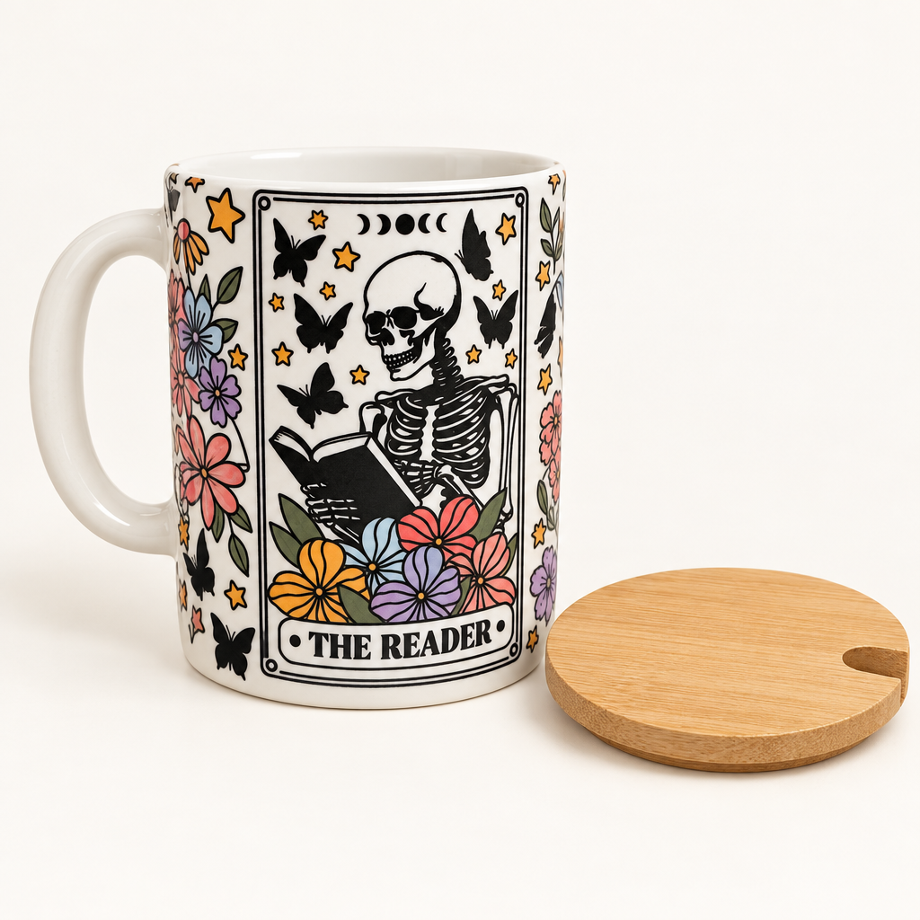 The Reader Skeleton Floral Ceramic Mug with Bamboo Lid and Spoon The Bargains Basement