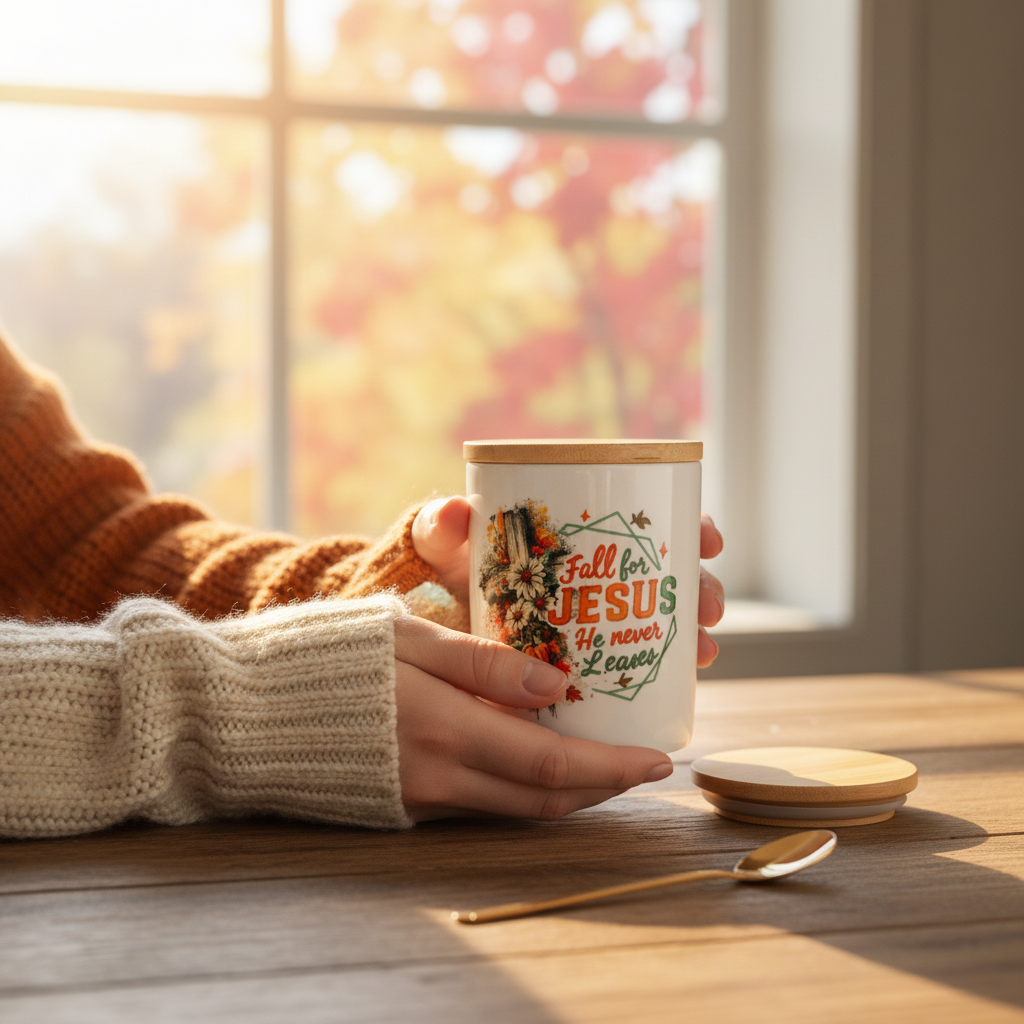 Fall for Jesus He Never Leaves Ceramic Mug Set with Bamboo Lid & Gold Spoon The Bargains Basement