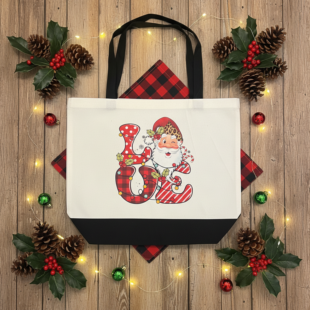 LOVE Santa Christmas Canvas Tote Bag | Holiday Sublimation Print The Bargains Basement