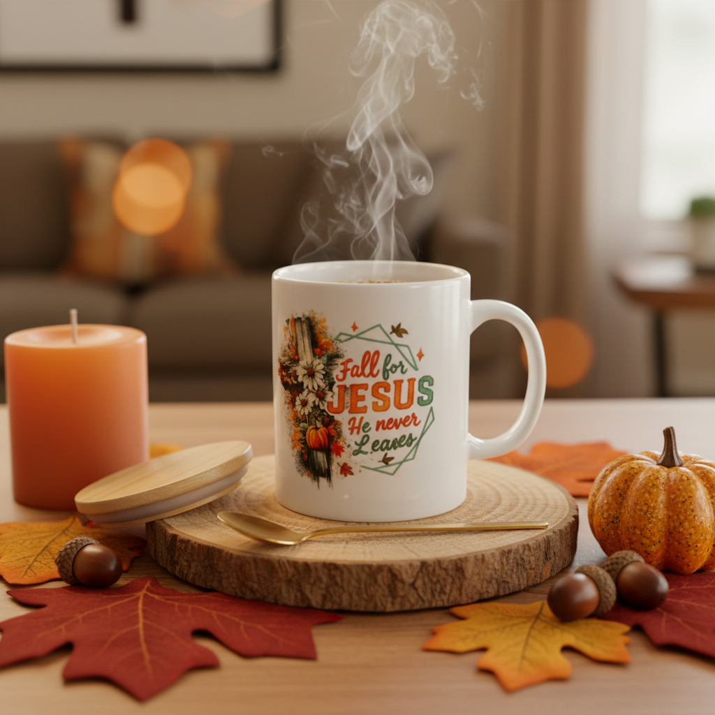 Fall for Jesus He Never Leaves Ceramic Mug Set with Bamboo Lid & Gold Spoon The Bargains Basement