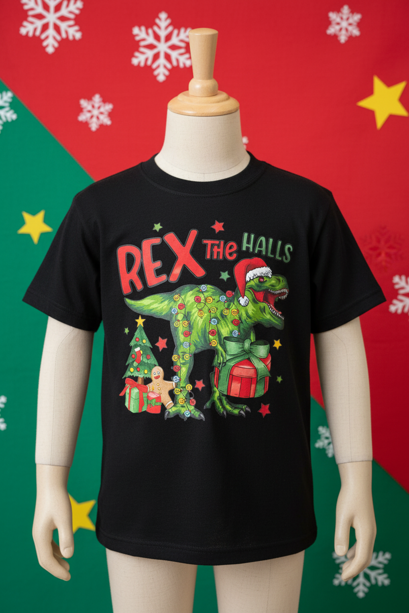 Rex the Halls Youth Christmas T-Shirt | Handmade Kids Holiday Tee The Bargains Basement