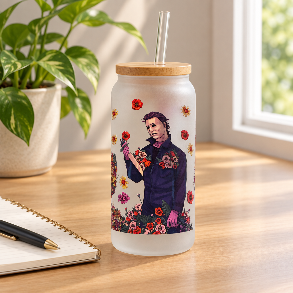 Floral Horror Villains Frosted Glass Tumbler with Bamboo Lid and Straw The Bargains Basement