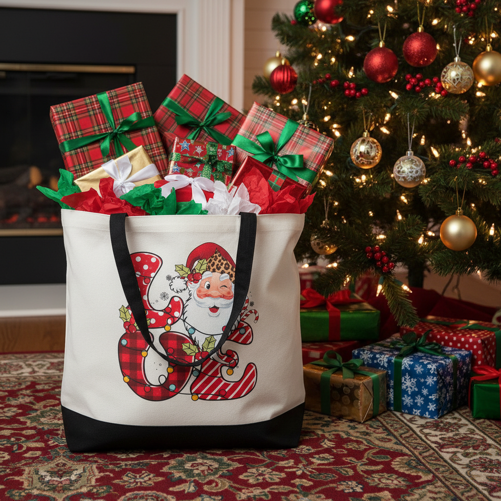 LOVE Santa Christmas Canvas Tote Bag | Holiday Sublimation Print The Bargains Basement