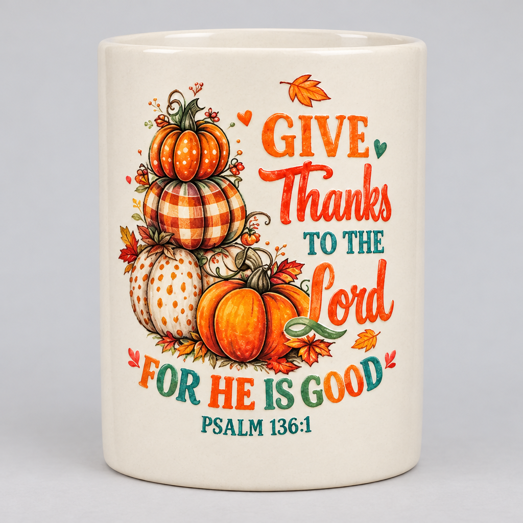 Give Thanks to the Lord Ceramic Mug with Bamboo Lid & Gold Spoon The Bargains Basement