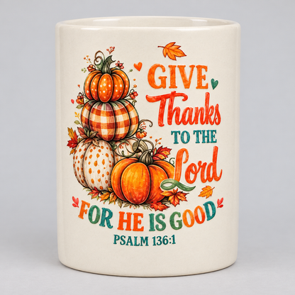 Give Thanks to the Lord Ceramic Mug with Bamboo Lid & Gold Spoon The Bargains Basement