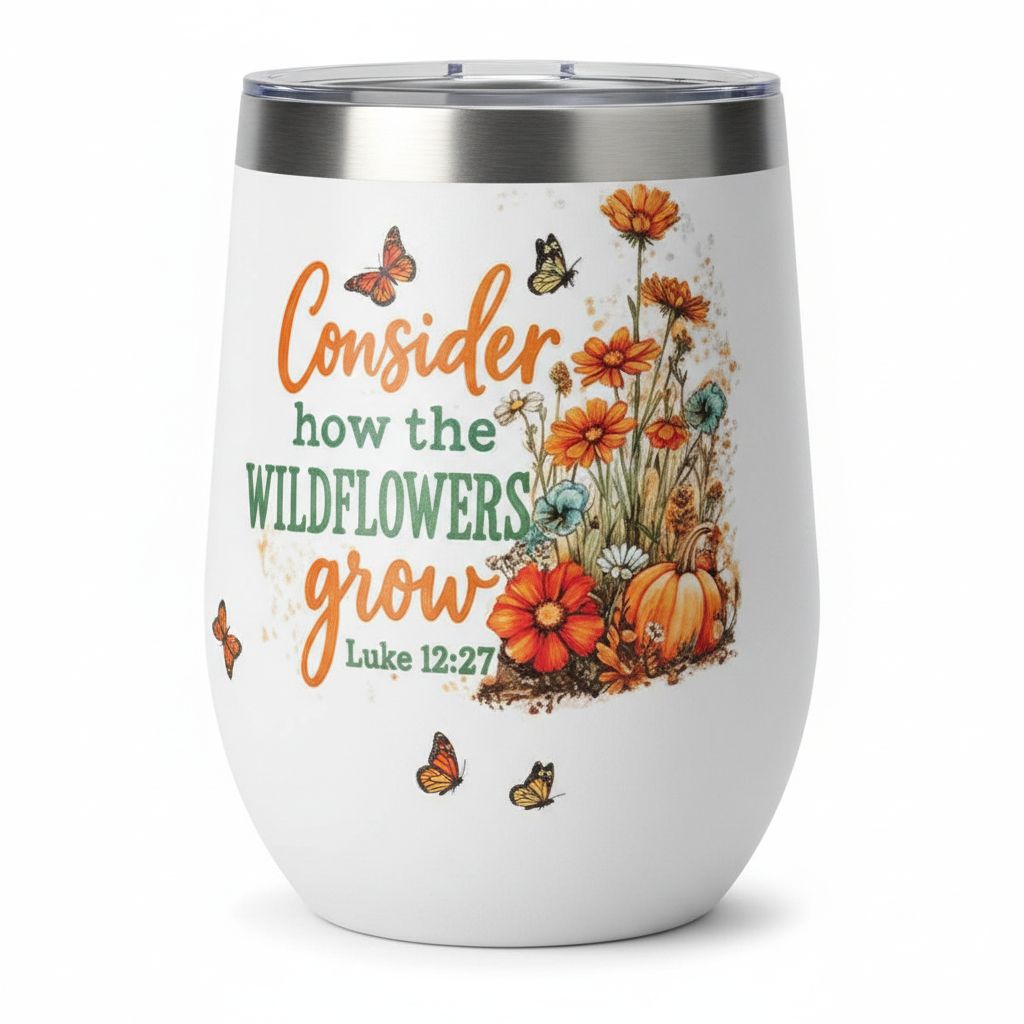 Consider how the Wildflowers Grow – Luke 12:27 Stemless Wine Tumbler – Handmade The Bargains Basement