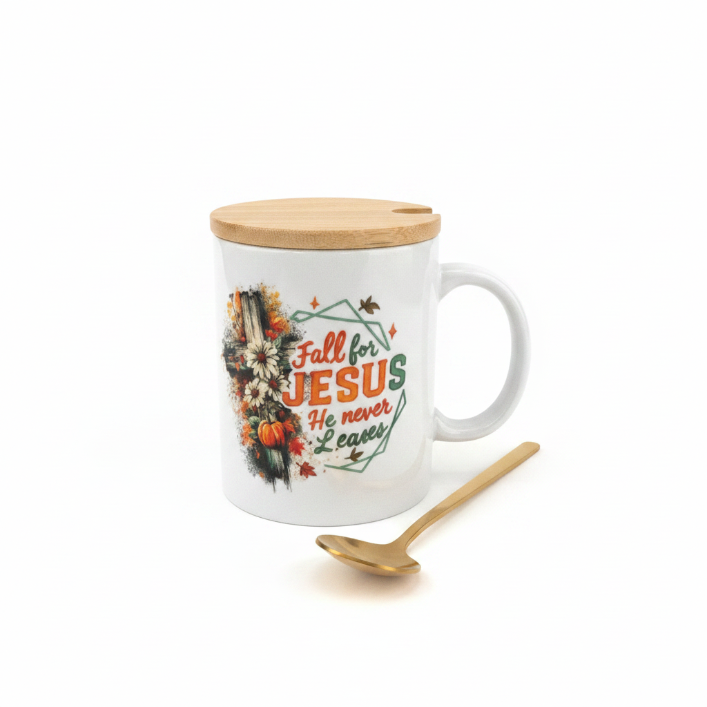Fall for Jesus He Never Leaves Ceramic Mug Set with Bamboo Lid & Gold Spoon The Bargains Basement