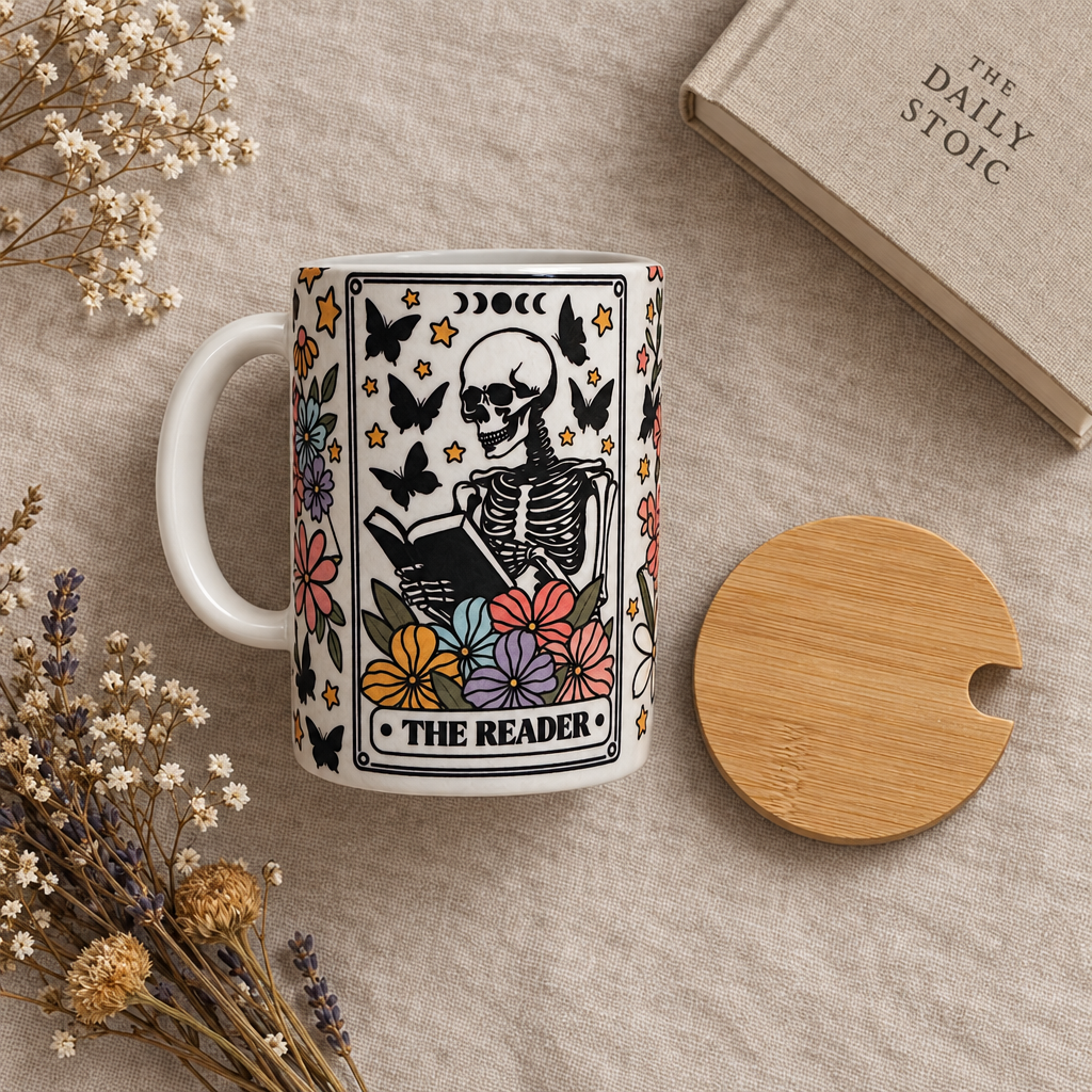 The Reader Skeleton Floral Ceramic Mug with Bamboo Lid and Spoon The Bargains Basement