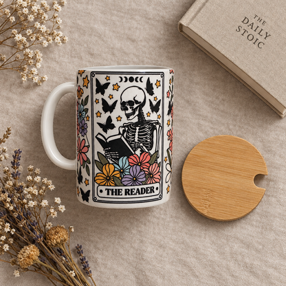 The Reader Skeleton Floral Ceramic Mug with Bamboo Lid and Spoon The Bargains Basement