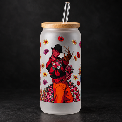 Floral Horror Villains Frosted Glass Tumbler with Bamboo Lid and Straw The Bargains Basement