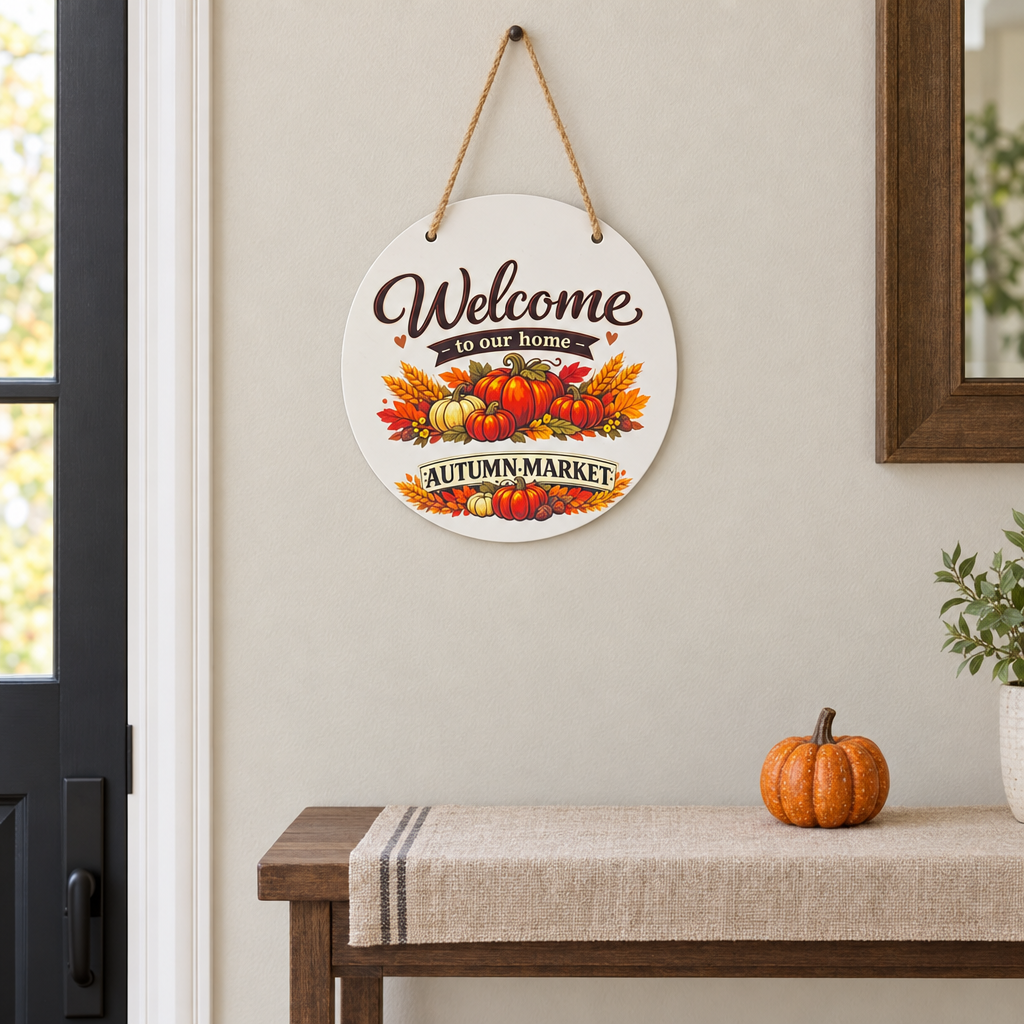 Welcome to Our Home Autumn Market 12-Inch Round Wood Sign The Bargains Basement