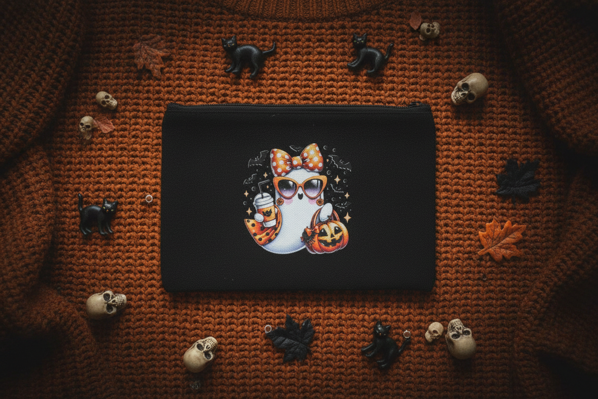 Glam Ghost Halloween Canvas Zipper Pouch | Handmade 8x5 The Bargains Basement