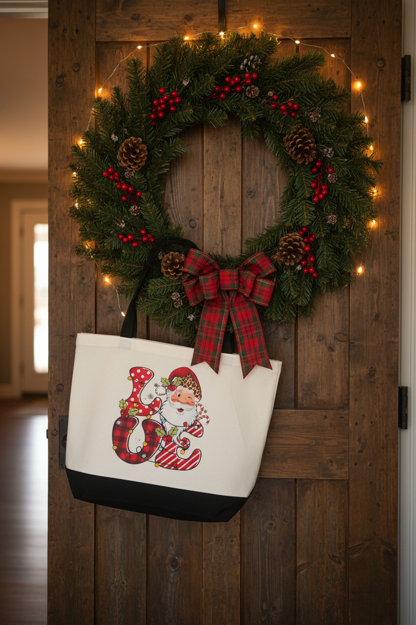 LOVE Santa Christmas Canvas Tote Bag | Holiday Sublimation Print The Bargains Basement