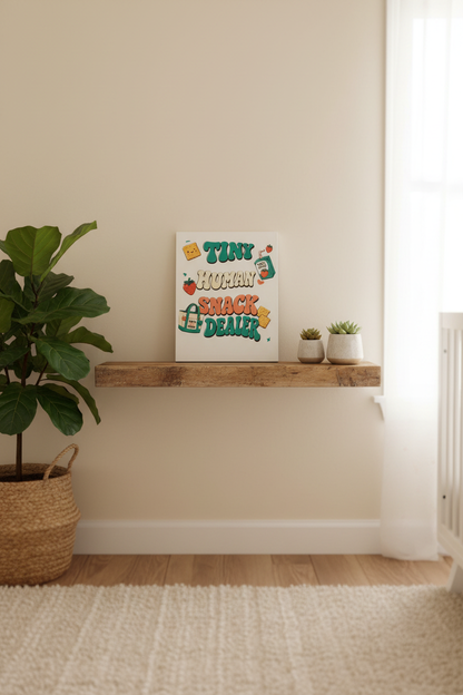 Tiny Human Snack Dealer 8x10 sign displayed on a wooden shelf in a cozy room with plants.