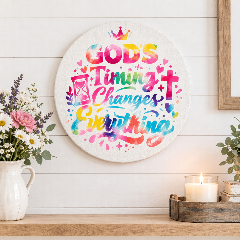 God's Timing Changes Everything | 12 Inch Round Canvas Sign – Faith Inspired Wall Decor The Bargains Basement