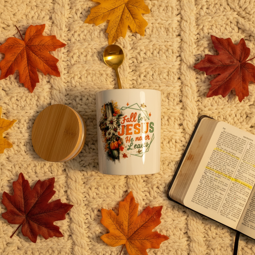 Fall for Jesus He Never Leaves Ceramic Mug Set with Bamboo Lid & Gold Spoon The Bargains Basement