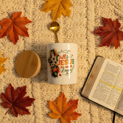 Fall for Jesus He Never Leaves Ceramic Mug Set with Bamboo Lid & Gold Spoon The Bargains Basement