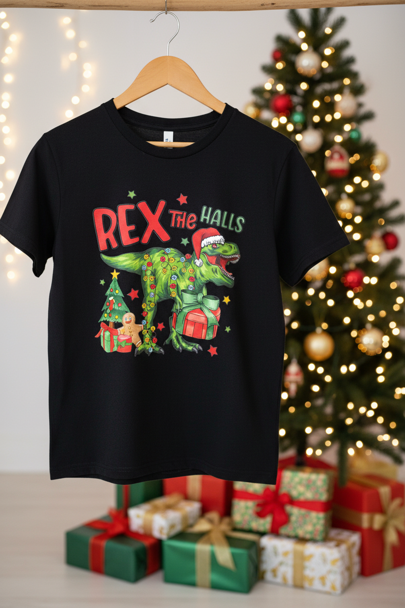 Rex the Halls Youth Christmas T-Shirt | Handmade Kids Holiday Tee The Bargains Basement