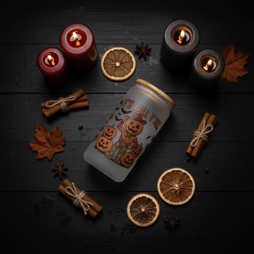 It's Fall Y'all Frosted Glass Can Tumbler – Handmade Halloween Fall Drinkware - The Bargains BasementIt's Fall Y'all Frosted Glass Can Tumbler – Handmade Halloween Fall Drinkware